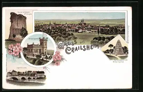 Lithographie Crailsheim, Ruine v. Kloster Anhausen, Pyramide auf der Wilhelmshöhe