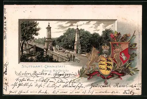 Passepartout-Lithographie Stuttgart-Cannstatt, König-Karlbrücke mit Wappen