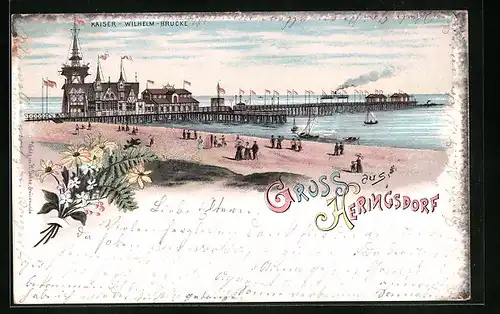 Lithographie Heringsdorf, Strandpartie mit Kaiser-Wilhelm-Brücke