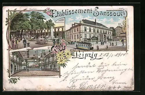 Lithographie Leipzig, Etablissement Sanssouci, Garten und Saal
