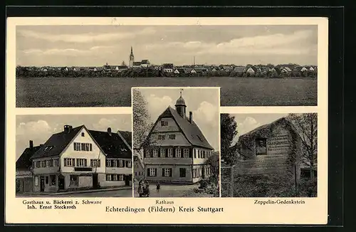 AK Echterdingen b. Stuttgart, Ortsansicht mit Gasthaus z. Schwane und Zeppelin-Gedenkstein