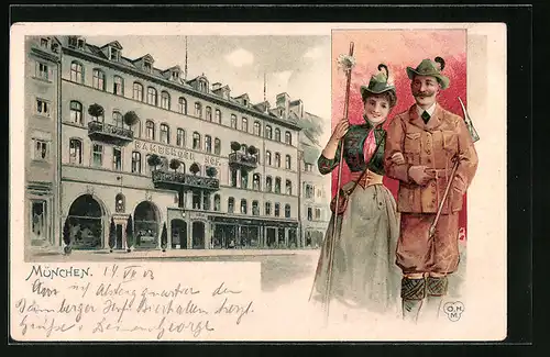 Lithographie München, Hotel Bamberger Hof, Eheleute in Tracht