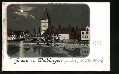 Mondschein-Lithographie Waiblingen, Partie an der Rems