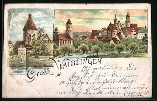 Lithographie Waiblingen, Totalansicht mit Uferpartie