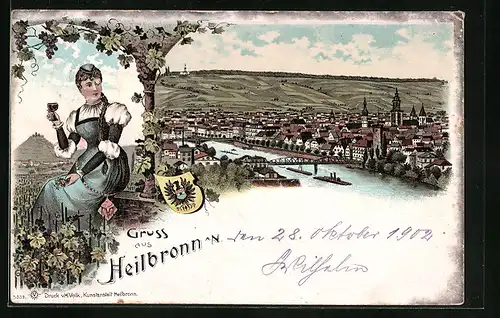 Lithographie Heilbronn a. N., Mädchen im Weinberg, Ortsansicht