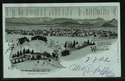 Mondschein-Lithographie Weilheim, Gögerlberg mit Restaurant, Panorama