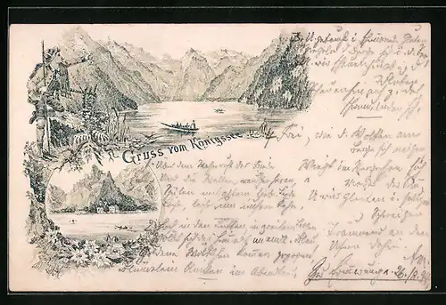 Lithographie Königssee, Ruderboot auf dem idyllisch gelegenen See