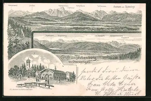 Lithographie Oberwarngau, Restaurant und Aussichtsturm auf dem Taubenberg, Panorama