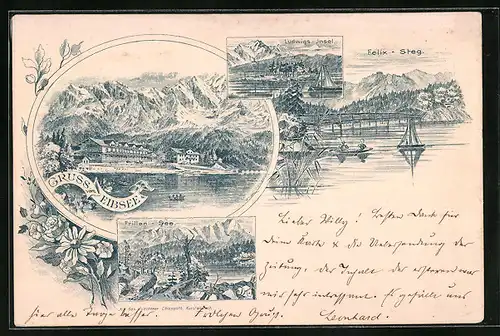 Lithographie Eibsee, Hotel am Ufer, Ludwigs-Insel