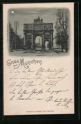 Mondschein-Lithographie München, Strassenpartie am Siegesthor, Stempel Private Stadtpost Courier