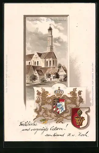 Passepartout-Lithographie Augsburg, St. Ulrichskirche, Wappen