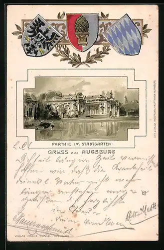 Passepartout-Lithographie Augsburg, Partie im Stadtgarten, Wappen