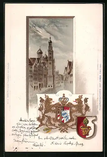 Passepartout-Lithographie Augsburg, Carolinenstrasse und Perlachturm, Wappen