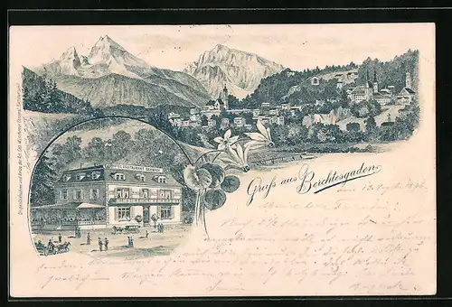 Lithographie Berchtesgaden, Hotel Restaurant Bahnhof, Teilansicht