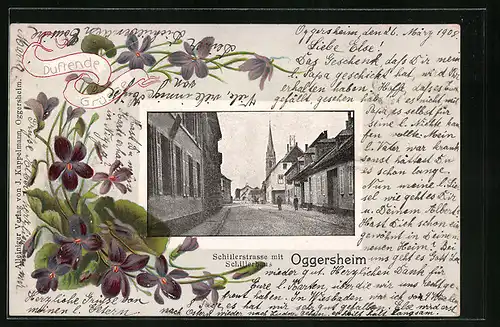 Präge-AK Oggersheim, Schillerstrasse mit Schillerhaus, Duftende Blumen, Passepartout