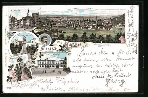 Lithographie Aalen, Bahnhof, Schubart-Denkmal, Krieger-Denkmal