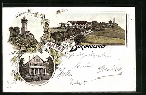 Lithographie Stuttgart, Gasthaus, Burgholzhof mit Aussichtsturm