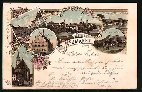 Lithographie Neumarkt i. Oberpf., Wildbad mit Mariahilfberg, Burgruine Wolfstein, Stadtpfarrkirche
