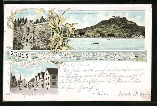 Lithographie Schnaittach, Ruine der Festung Rothenberg, Hauptportal, Marktplatz