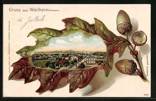 Passepartout-Lithographie Weilheim /Oberbayern, Teilansicht im Eichenblatt