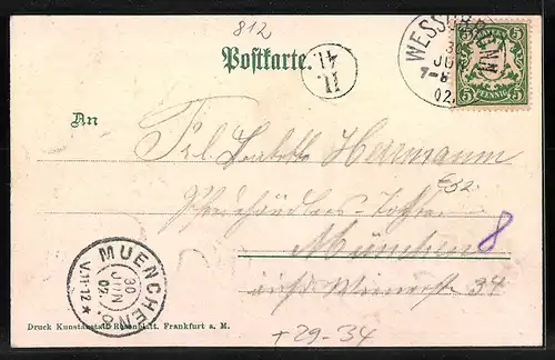 Passepartout-Lithographie Weilheim /Oberbayern, Teilansicht im Eichenblatt