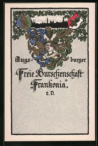 Künstler-AK Augsburg, Frei Burschenschaft Frankonia e. V., Stadtsilhouette, Ritterhelm und Studentenwappen