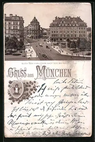 Vorläufer-Lithographie München, 1893, Blick vom Karlstor nach dem Bahnhof
