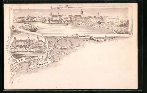 Lithographie Neuburg a. D., Ansicht vom Schloss, Panorama