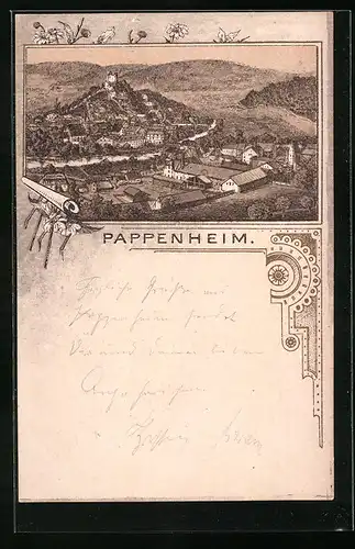Lithographie Pappenheim, Ortsansicht aus der Vogelschau