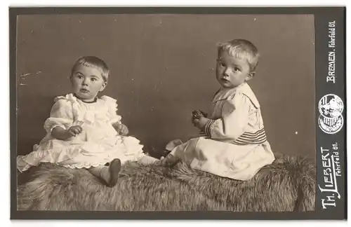 Fotografie Th. Liebert, Bremen, Fehrfeld 61, Zwei kleine Knaben in Festtagskleidchen auf einem Fell