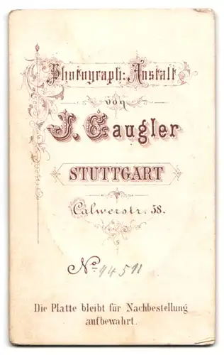 Fotografie J. Gaugler, Stuttgart, Calwerstr. 58, Portrait eines Herrn mit Vollbart