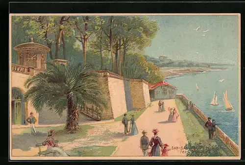 Künstler-AK San Salvadour, Flanierende Gäste blicken auf das Wasser, Segelboote