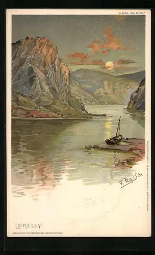 Künstler-AK Loreley bei Sonnenuntergang, Boot