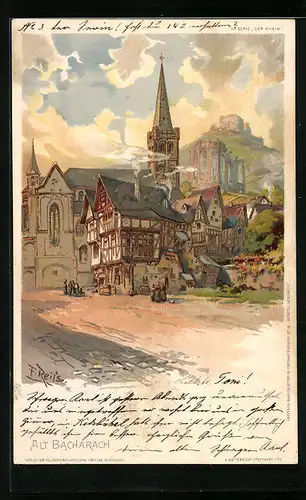 Lithographie Alt Bacharach, Ortspartie an der Kirche