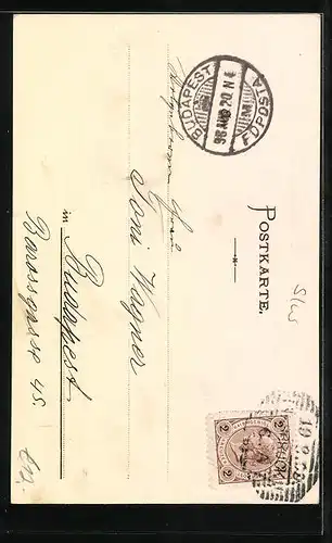 Lithographie Alt Bacharach, Ortspartie an der Kirche