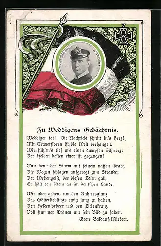 AK Kapitänleutnant des U-Bootes U9, Otto v. Weddigen im Portrait mit Eichenlaub und Eisernem Kreuz