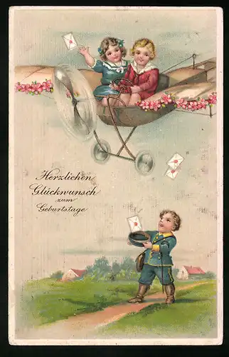 Präge-AK Geburtstagsglückwunsch, Briefträger mit fliegenden Mädchen