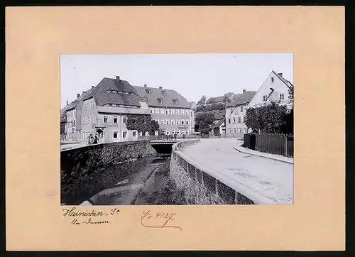 Fotografie Brück & Sohn Meissen, Ansicht Hainichen i. Sa., Strassenpartie am Damm, Centralhalle, Photogr. Atelier