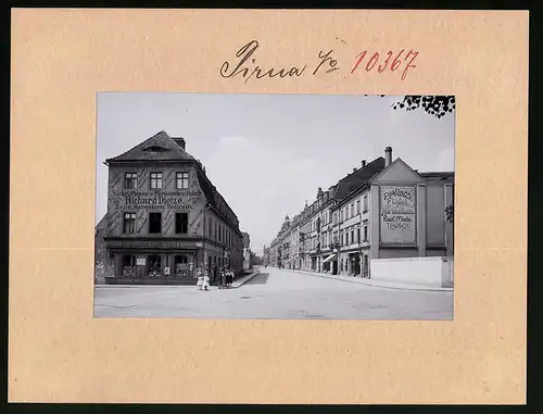 Fotografie Brück & Sohn Meissen, Ansicht Pirna a. Elbe, Bahnhofstrasse, Pianohaus, Geschäft Gustav Krell, Rich. Dietze