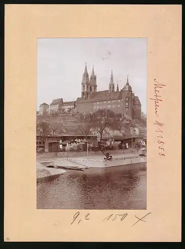 Fotografie Brück & Sohn Meissen, Ansicht Meissen i. Sa., Anlegestelle an der Schiffwimpelfirma W. T. Fuchs, Albrechtsburg