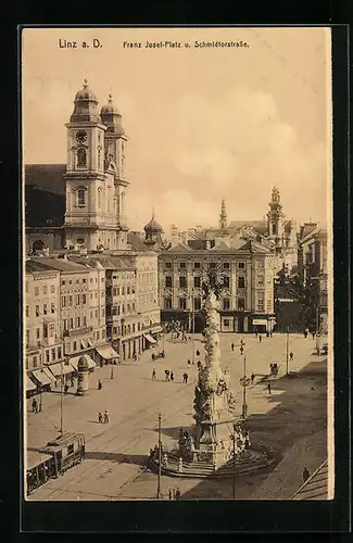 AK Linz a. D., Franz Josef-Platz und Schmidtorstrasse mit Strassenbahn