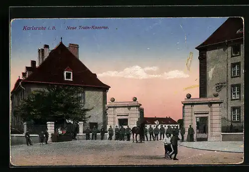 AK Karlsruhe i. B., Soldaten vor der Neuen Train-Kaserne