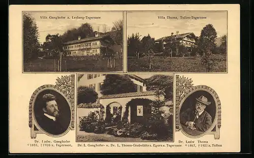 AK Leeberg-Tegernsee, Villa Ganghofer, Villa Thoma, Tuften-Tegernsee, Portraits von Thoma und Ganghofer