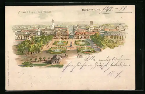 Lithographie Karlsruhe, Partie mit Wasserspielen aus der Vogelschau