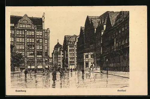 Künstler-AK Hamburg, Barkhof, Passanten im Regen