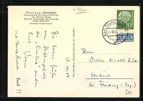 AK Karlsruhe i. B., Moninger Gaststätten, Kaiserstrasse Ecke Karlstrasse