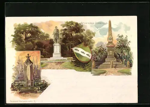 Lithographie Ansbach, Denkmale für Kaspar Hauser, August Graf von Platen, 1870 /71