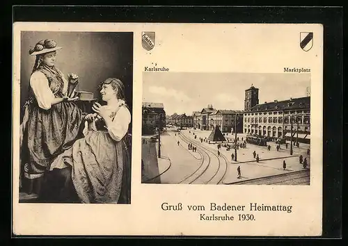 AK Karlsruhe, Badener Heimattag 1930, Marktplatz, Frauen in Trachten