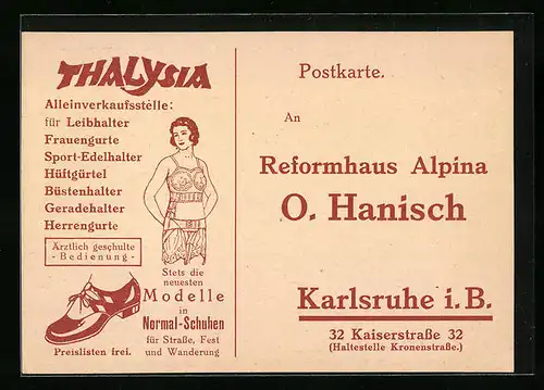 AK Karlsruhe i. B., Reformhaus Alpina von O. Hanisch, Reklame für Damenunterwäsche