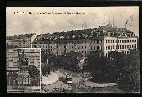 AK Halle a. S., Strassenbahn vor den Francke'schen Stiftungen, Francke-Denkmal